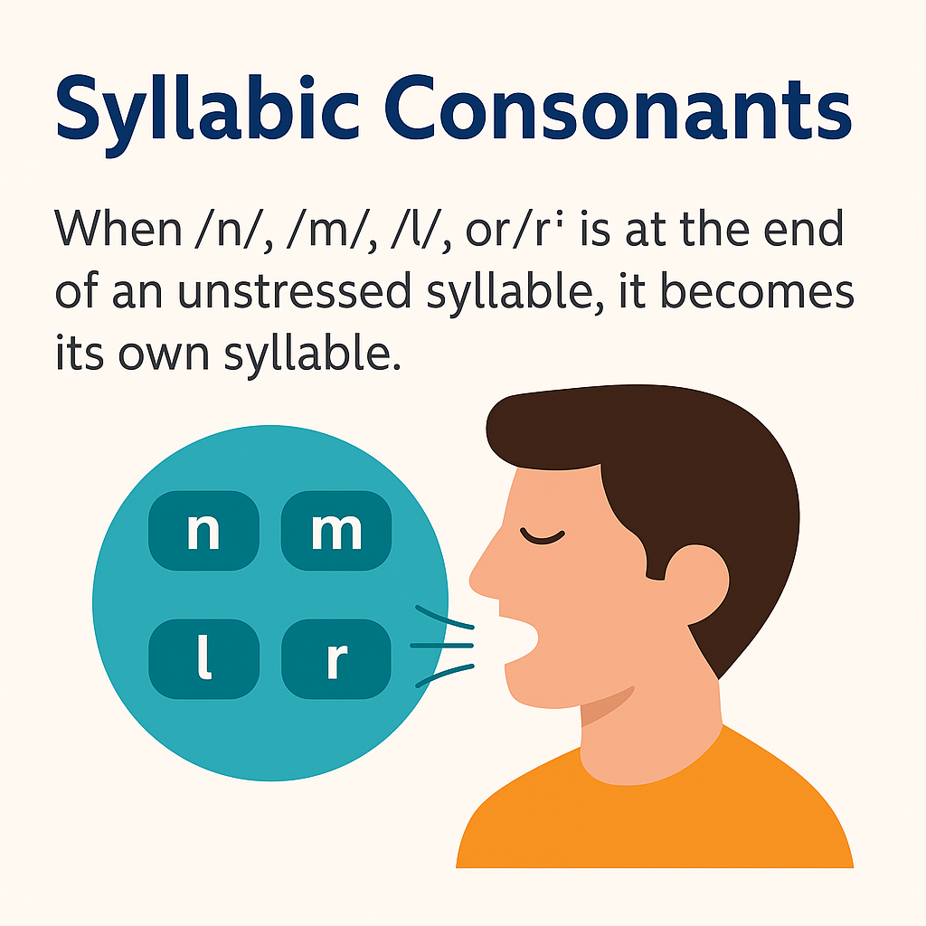 Visual explanation of syllabic consonants in American English with example words and phonetic emphasis on /n/, /m/, /l/, and /r/ sounds.