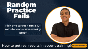 Course thumbnail with the headline “Random Practice Fails,” the steps “Pick one target → run a 10-minute loop → save weekly proof,” and coach Josh Lewis in a circular portrait on a dark blue background.