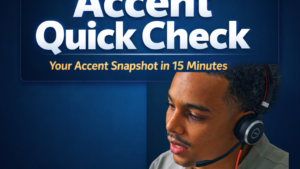 Accent Quick Check product cover — quick 15-minute, $15 diagnostic for new students (with headset photo)